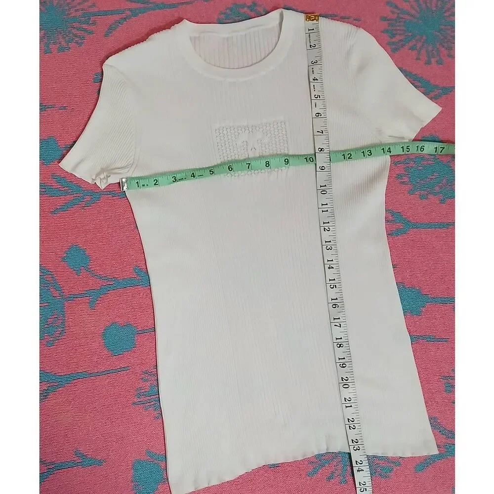 Chanel womens small white top ribbed stretch 100% authentic Short Sleeve